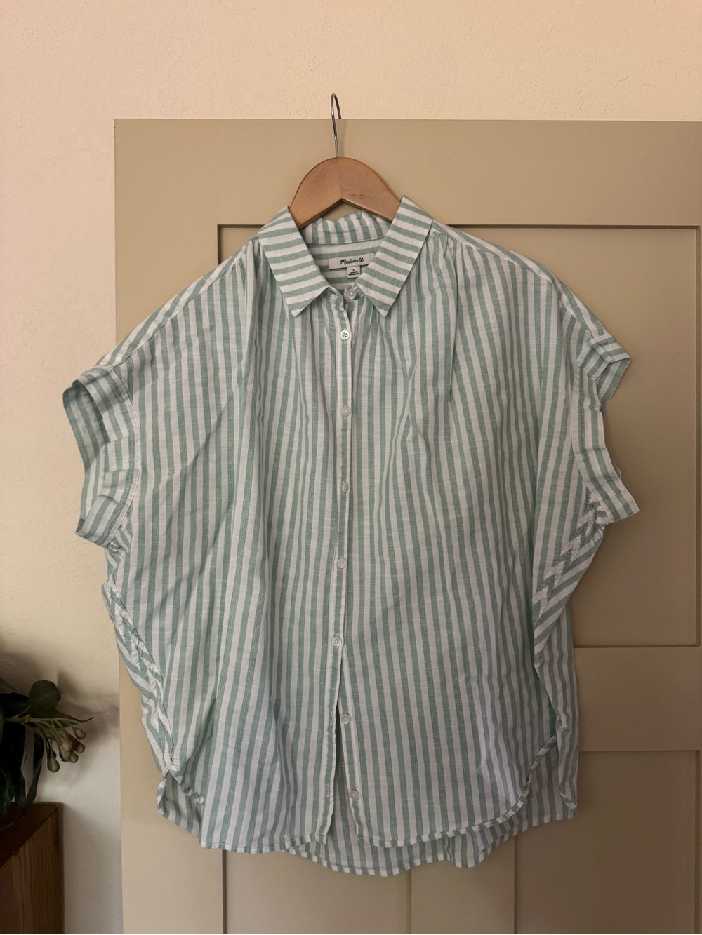 Madewell L Mint White Stripe Button Down Green Blue Short sleeve